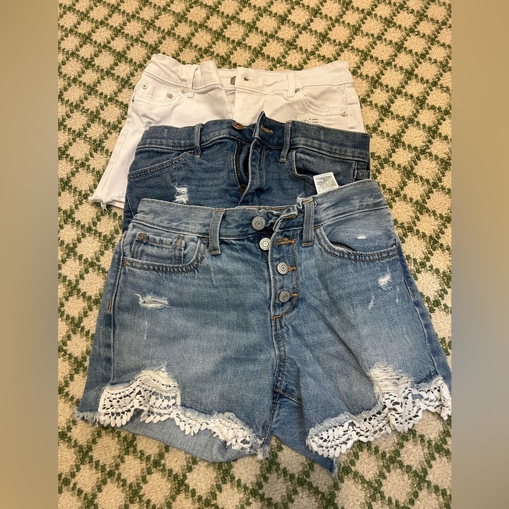 Kids- 3 pairs of size 12 jeans shorts- white, light blue/lace and dark blue